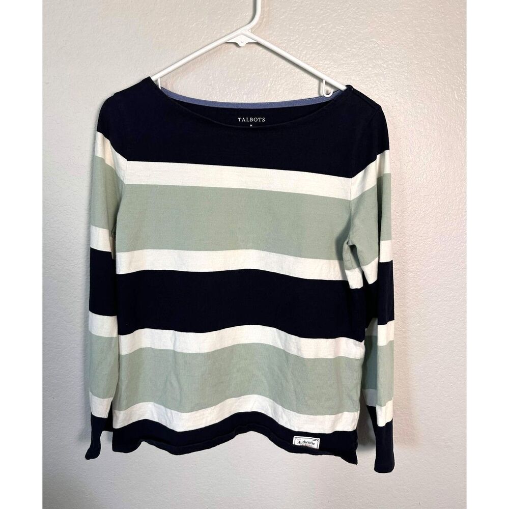 Talbots Tee Striped Long Sleeve Heavy Jersey Knit Top Medium Navy Sage Nautical